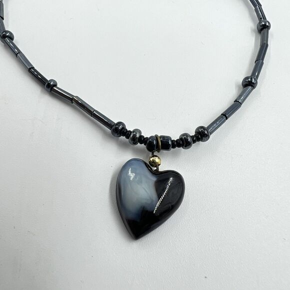 Art Glass Heart Pendant Black Beaded Necklace 16” Barrel Clasp Gothic Romance - Picture 1 of 6